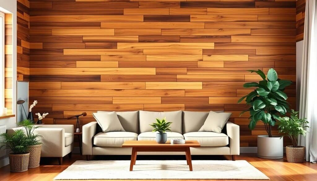 A cozy living room with a warm, rustic wood accent wall as the focal point. The wall features beautifully textured, natural wood planks in varying shades of brown, creating a charming, inviting atmosphere. Soft, diffused lighting casts a gentle glow, highlighting the wood's unique grain patterns. In the foreground, a plush, neutral-toned sofa and a low, wooden coffee table create a comfortable seating area. Lush, potted plants and a few decorative items add subtle pops of color and greenery. The overall scene exudes a sense of relaxation and homeliness, perfectly suited for the "Simple Wood Accent Walls That Instantly Warm Any Room" article.