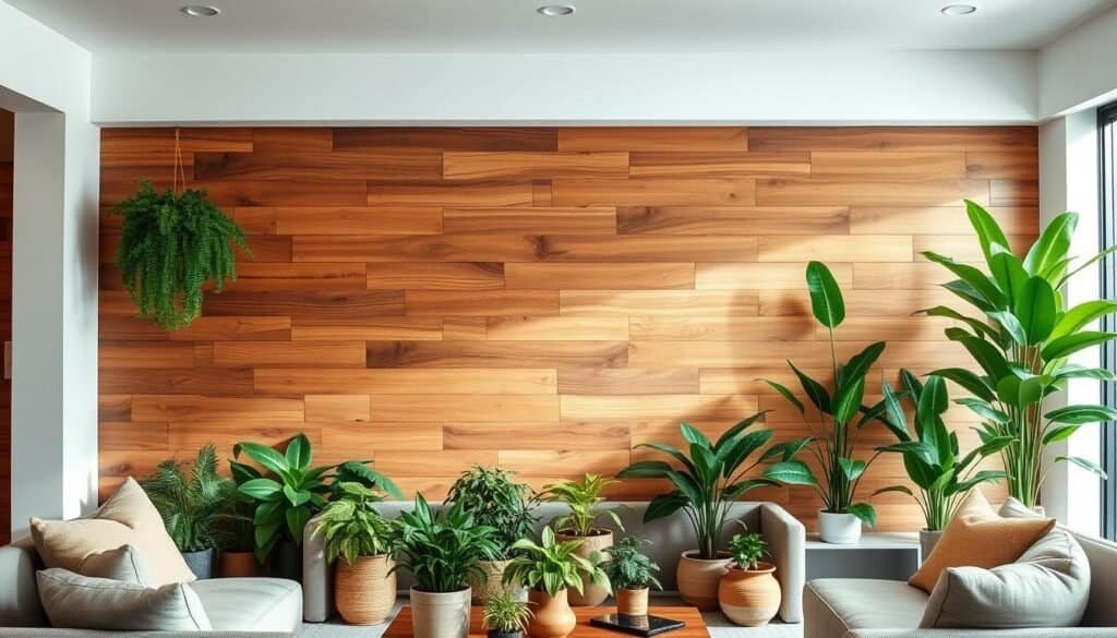 A cozy living room with a warm wooden accent wall, showcasing a harmonious blend of vibrant potted plants and natural wood textures. Soft, diffused lighting creates a serene ambiance, while the plants' lush foliage complements the rich, earthy tones of the wood paneling. The layout features a balanced arrangement, with the plants strategically placed to create a sense of visual harmony and connection between the organic and the industrial elements. The overall scene conveys a tranquil, nature-inspired atmosphere, inviting the viewer to imagine themselves in a comfortable, rejuvenating space.