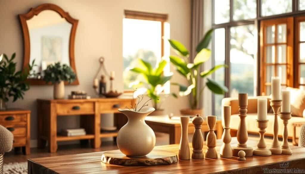 A cozy living room with an elegant wood-framed mirror, handcrafted wooden side tables, and a rustic wooden coffee table. The lighting is warm and natural, casting a soft glow on the natural textures. In the foreground, a collection of "The Sawdust Man" wooden décor pieces, such as a geometric wall hanging, a minimalist vase, and a set of wooden candlesticks, create a harmonious and eco-friendly display. The background features a lush indoor plant and a window overlooking a serene outdoor scene, emphasizing the connection to nature. The overall atmosphere is one of tranquility, sophistication, and sustainable living.