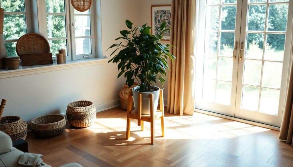 A cozy living room with hardwood floors, large windows letting in natural light. A wooden plant stand sits in the corner, perfectly positioned to showcase a lush, thriving potted plant. The stand is made of light-colored wood, with clean lines and a simple, elegant design. The plant casts gentle shadows on the floor, creating a serene, calming atmosphere. The room is subtly decorated with natural elements like woven baskets and earthy-toned accents, complementing the plant stand's rustic charm. A warm, inviting scene that draws the eye to the carefully chosen location of the plant stand.