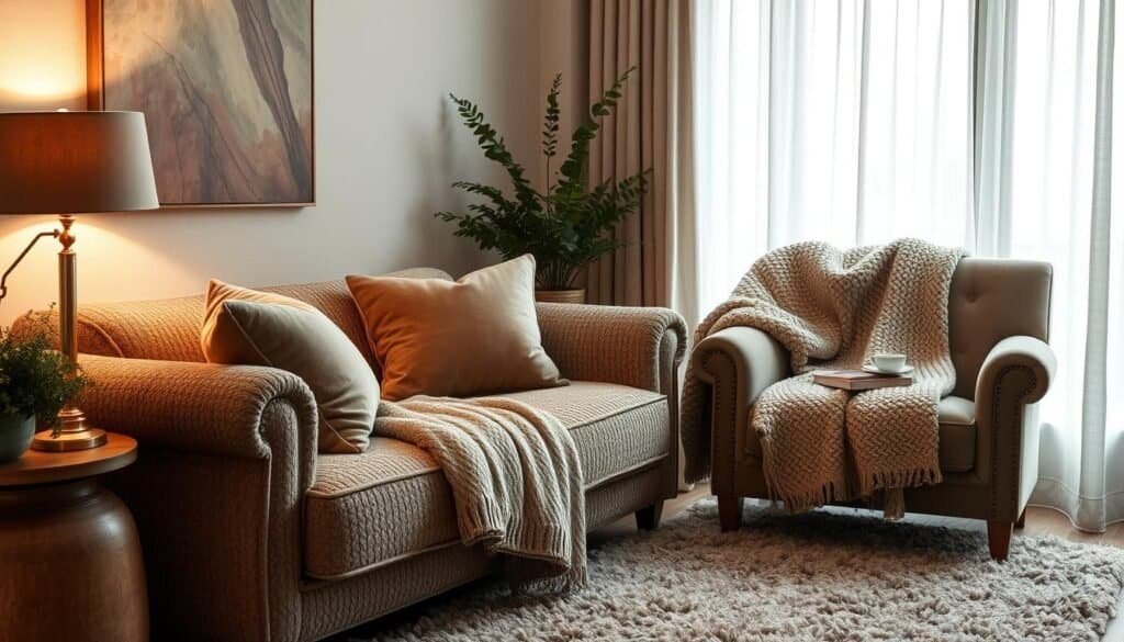 A cozy living room with layers of soft, inviting textures. Plush velvet cushions in muted earth tones adorn a nubby boucle sofa, its warmth enhanced by the gentle glow of a table lamp. Nearby, a tufted armchair is draped with a chunky knit throw, its tactile surface inviting touch. Underfoot, a shaggy rug in a muted palette anchors the space, its plush fibers seeming to cushion each step. Filtered daylight filters in through linen curtains, casting a soft, diffused illumination that envelops the scene in a sense of comfort and relaxation. The overall atmosphere is one of welcoming coziness, a soothing oasis to unwind after a long day. A cozy living room with layers of soft, inviting textures. Plush velvet cushions in muted earth tones adorn a nubby boucle sofa, its warmth enhanced by the gentle glow of a table lamp. Nearby, a tufted armchair is draped with a chunky knit throw, its tactile surface inviting touch. Underfoot, a shaggy rug in a muted palette anchors the space, its plush fibers seeming to cushion each step. Filtered daylight filters in through linen curtains, casting a soft, diffused illumination that envelops the scene in a sense of comfort and relaxation. The overall atmosphere is one of welcoming coziness, a soothing oasis to unwind after a long day.