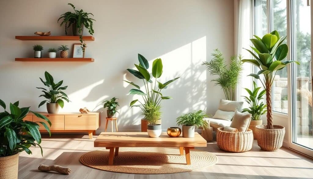 A cozy living room with natural elements seamlessly integrated. Warm, earthy tones of a wooden coffee table and floating shelves, accented by lush, verdant potted plants and a woven floor mat. Soft, diffused lighting casts a soothing ambiance, while a large window allows natural sunlight to pour in, creating a harmonious, biophilic atmosphere. Carefully curated décor, such as a wicker basket and a piece of driftwood, add organic texture and a connection to the outdoors. The overall scene evokes a sense of tranquility and a deep appreciation for the beauty of the natural world, bringing the outdoors in.