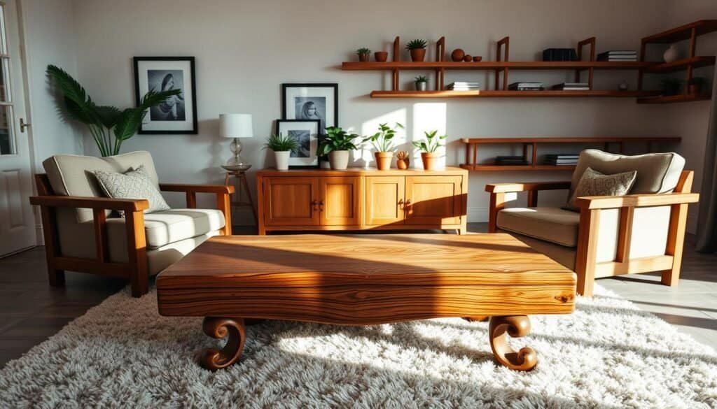 A cozy living room with natural wood elements, warm lighting, and a touch of rustic charm. In the foreground, a large wooden coffee table with intricate carved details sits atop a plush, neutral-toned area rug. Flanking the table, a pair of comfortable armchairs with wooden frames and soft, textured upholstery. In the middle ground, a wooden media console or TV stand showcases framed artwork and potted greenery, casting gentle shadows. The background features a wall lined with floating wooden shelves, displaying decorative items and books. The overall atmosphere is inviting, serene, and infused with the natural beauty of wood, creating a cozy and harmonious living space.