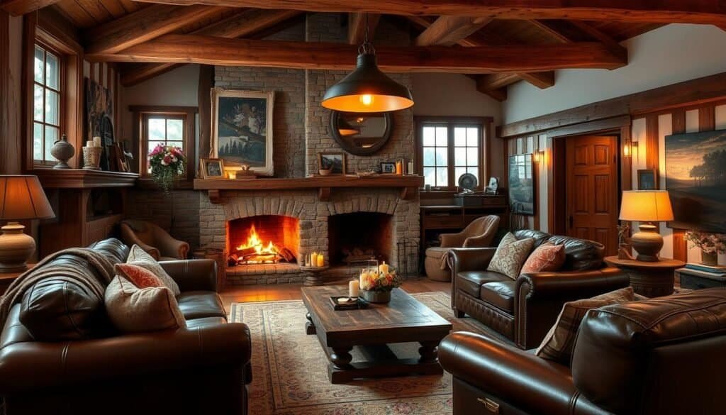 A cozy living room with rustic wooden beams, a stone fireplace, and plush leather furniture. The warm glow of a crackling fire illuminates the space, casting a welcoming ambiance. Vintage textiles, handcrafted accessories, and a reclaimed wood coffee table add character and charm. Soft lighting from candles and a statement pendant fixture create a inviting, homely atmosphere. The room feels lived-in and comfortable, with a blend of natural materials and neutral tones that evoke a sense of timeless, farmhouse-inspired elegance.