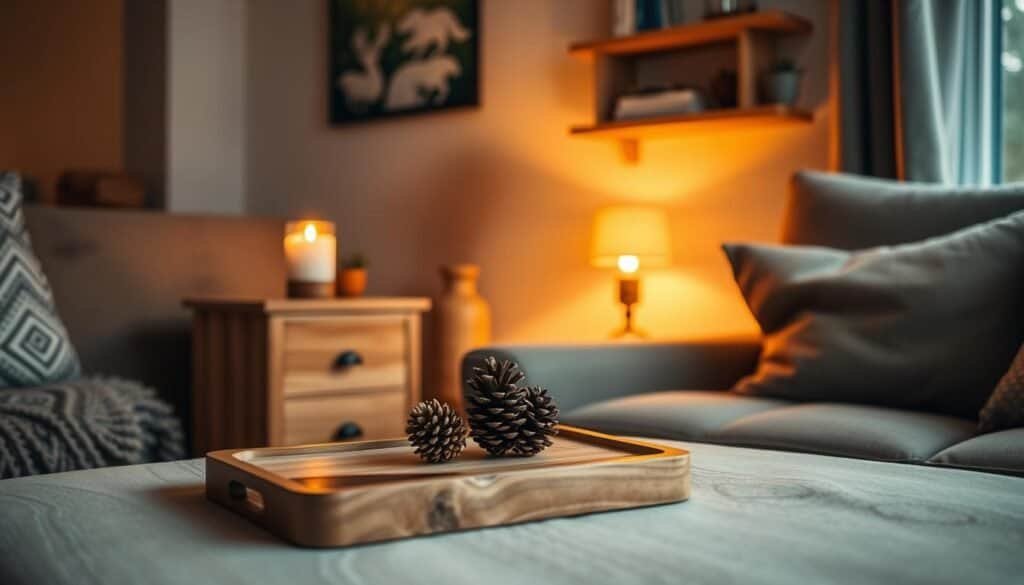 A cozy living room with small, rustic wooden accents. Warm lighting illuminates a natural wooden side table, its grain and texture visible. Nearby, a wooden candle holder casts a soft glow, complementing the room's inviting ambiance. In the foreground, a delicate wooden tray holds a few decorative pinecones, adding an organic touch. Subtle wooden wall shelves display trinkets and books, blending harmoniously with the space. The scene exudes a sense of comfort and simplicity, inviting the viewer to imagine curling up in this tranquil, nature-inspired living room.