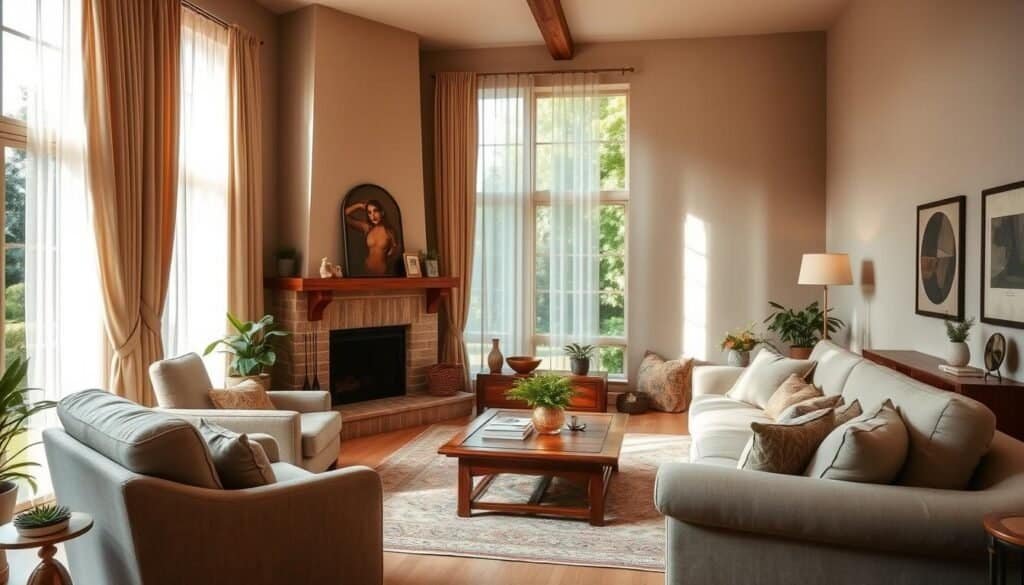 A cozy living room with warm, diffused lighting filtering through sheer curtains, casting a soothing glow. Plush, overstuffed armchairs and a deep, comfortable sofa invite relaxation, surrounded by natural wood accents and decorative plants that bring the outdoors in. The focal point is a large, stately fireplace with a mantel adorned with personal mementos, creating a sense of homeliness. The room's neutral color palette and soft textures evoke a serene, contemplative atmosphere, perfect for unwinding after a long day. Through the window, a glimpse of a lush, verdant garden adds to the tranquil ambiance. A cozy living room with warm, diffused lighting filtering through sheer curtains, casting a soothing glow. Plush, overstuffed armchairs and a deep, comfortable sofa invite relaxation, surrounded by natural wood accents and decorative plants that bring the outdoors in. The focal point is a large, stately fireplace with a mantel adorned with personal mementos, creating a sense of homeliness. The room's neutral color palette and soft textures evoke a serene, contemplative atmosphere, perfect for unwinding after a long day. Through the window, a glimpse of a lush, verdant garden adds to the tranquil ambiance.