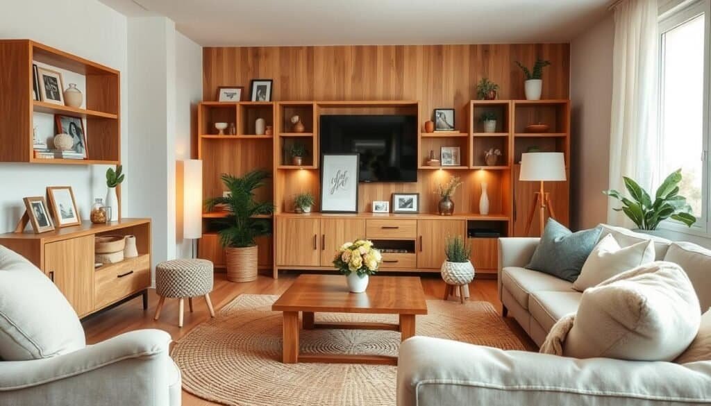 A cozy living room with warm, natural wood tones throughout - a wooden coffee table, shelving units, and picture frames. Soft lighting casts a gentle glow, complementing the earthy hues. Plush textiles in muted colors, such as a woven area rug and plush throw pillows, add to the serene, calming atmosphere. Potted plants and fresh flowers bring a touch of life and greenery. The space feels inviting, peaceful, and grounded, with an overall aesthetic of refined simplicity.