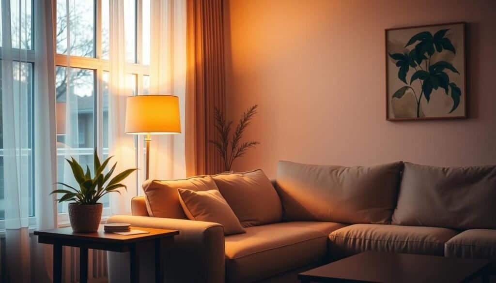 A cozy living room with warm, strategic lighting that casts a soft, inviting glow. The space features a plush, oversized sofa bathed in the golden light of a floor lamp beside it. Nearby, a wooden side table holds a table lamp, its illumination gently cascading across the room. Ambient light filters in through large windows, creating a serene, calming atmosphere. Tasteful decor, such as a potted plant and a piece of abstract wall art, complement the refined, welcoming ambiance. The scene exudes a sense of tranquility and comfort, perfect for unwinding after a long day. A cozy living room with warm, strategic lighting that casts a soft, inviting glow. The space features a plush, oversized sofa bathed in the golden light of a floor lamp beside it. Nearby, a wooden side table holds a table lamp, its illumination gently cascading across the room. Ambient light filters in through large windows, creating a serene, calming atmosphere. Tasteful decor, such as a potted plant and a piece of abstract wall art, complement the refined, welcoming ambiance. The scene exudes a sense of tranquility and comfort, perfect for unwinding after a long day.