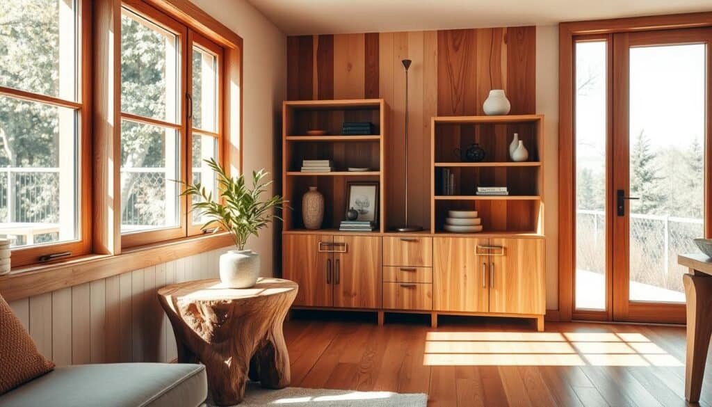 A cozy living space with warm, natural wood accents that create a calming, inviting atmosphere. Sunlight streams through large windows, casting a soft glow on the rich, textured wood surfaces. A wooden side table stands elegantly, its grain and knots visible, complemented by a potted plant. Nearby, a wooden bookshelf displays decorative items, its shelves arranged in a harmonious, minimalist style. The wooden flooring extends throughout the room, its natural hues blending seamlessly with the overall design. The space feels balanced, with the wood elements providing a softening contrast to the surrounding walls and furnishings.