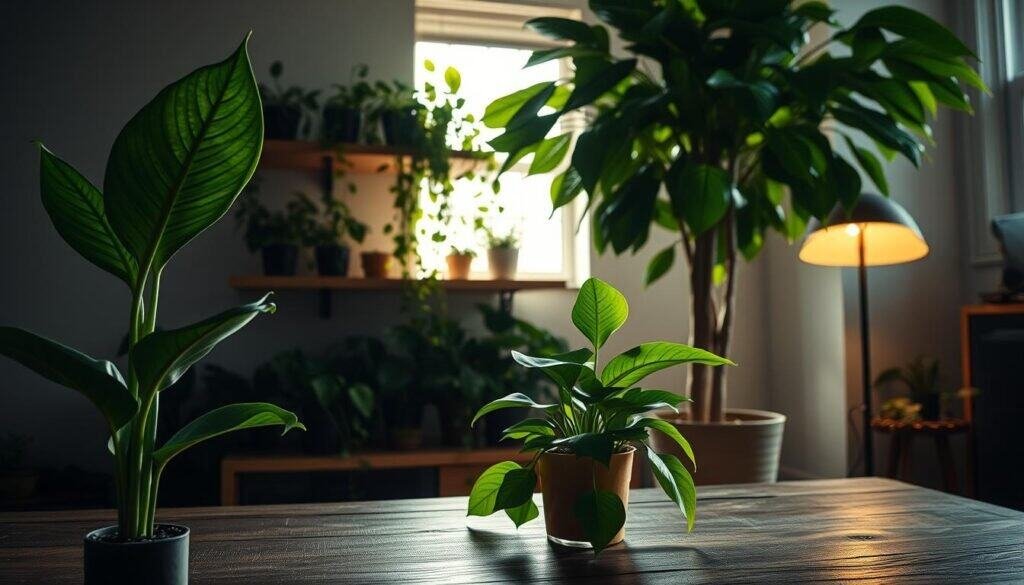 A cozy, low-lit interior showcasing a variety of thriving houseplants. In the foreground, a lush peace lily stands tall, its broad leaves casting soft shadows across a rustic wooden table. Behind it, a collection of trailing pothos vines cascades down a floating shelf, their verdant tendrils capturing the gentle illumination from a nearby floor lamp. In the background, a fiddle-leaf fig tree towers, its broad leaves filtering the ambient light to create a calming, tranquil atmosphere. The scene is captured with a shallow depth of field, ensuring the plants are the focal point, inviting the viewer to bask in the soothing, stress-relieving presence of these resilient, low-maintenance greenery.