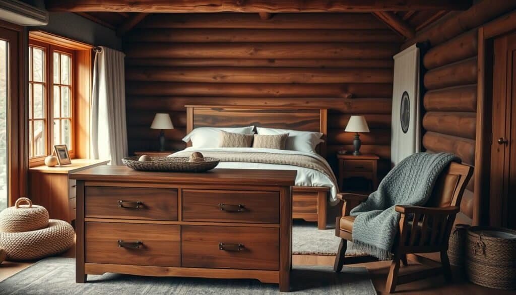 A cozy master bedroom with warm wood accents. Soft, diffused lighting from a large window illuminates a plush king-sized bed framed by a solid wood headboard and matching nightstands. A rustic wooden dresser stands in the foreground, its drawers adorned with leather pulls. In the background, a wooden armchair sits beside a small side table, creating a cozy reading nook. Textures of knit throws, woven baskets, and earthy ceramics add layers of coziness. The overall atmosphere is one of comfort, relaxation, and natural beauty.