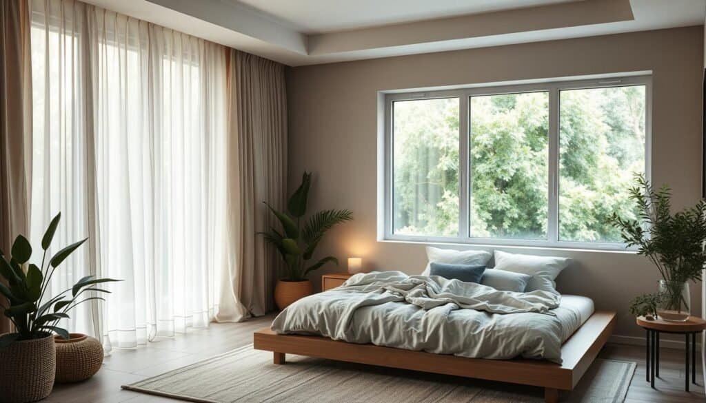 A cozy, minimalist bedroom with soft lighting and natural textures. A soothing palette of muted grays, creams, and greens. Sparse, thoughtfully placed decor creates an atmosphere of tranquility. A low, platform bed is dressed in plush linens. Sheer curtains gently billow, framing a view of lush greenery outside. Potted plants and a small side table with a single, lit candle add warmth. The room is bathed in a warm, diffused glow from a large window. The overall effect is a serene, uncluttered sanctuary, perfect for rest and relaxation.
