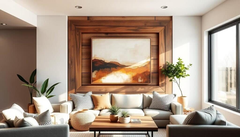 A cozy, minimalist living room with an accent wall featuring a large, rustic wood frame. Soft, natural lighting filters through large windows, casting a warm glow. The frame holds a striking abstract painting in earthy tones, creating a focal point. Complementary decorative elements, such as potted plants, woven baskets, and textured throw pillows, add depth and visual interest. The overall atmosphere is inviting and elevated, showcasing a budget-friendly, high-impact solution for bare walls.