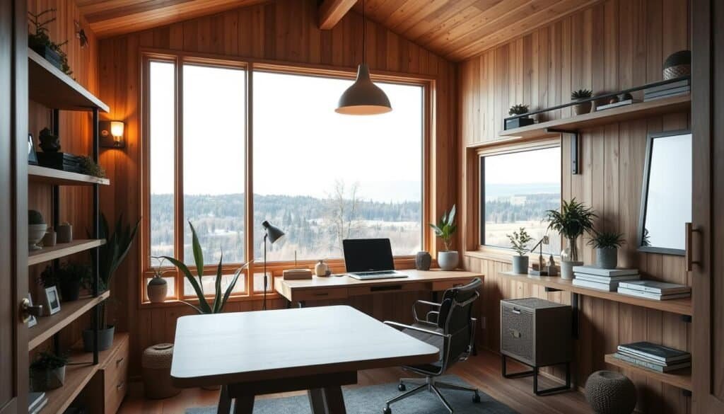 A cozy modern cabin interior with warm, natural wood accents. A large picture window frames a picturesque landscape, allowing natural light to flood the space. Minimalist furniture, including a sleek wooden desk and leather chair, create a serene and productive workspace. Shelves along the walls display an eclectic collection of plants, books, and personal decor. Soft, ambient lighting from sconces and a pendant fixture above the desk provide a relaxing ambiance. The overall scene conveys a harmonious blend of rustic and contemporary elements, evoking a sense of tranquility and focus.