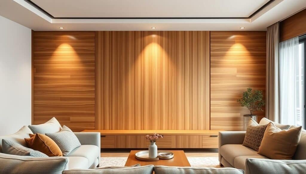 A cozy modern living room with a focal point of a carefully crafted wooden slat wall feature. The slatted panels are made of warm-toned, natural hardwood, precisely aligned in a clean, minimalist pattern. Soft, diffused lighting from concealed sources casts a gentle glow, accentuating the wood's rich texture and grain. The room is filled with plush, neutral-toned furnishings that complement the wooden accents, creating a serene, harmonious atmosphere. The scene is captured from a slightly elevated angle, showcasing the elegant simplicity of the wooden slat wall design in the context of a stylish, contemporary interior.
