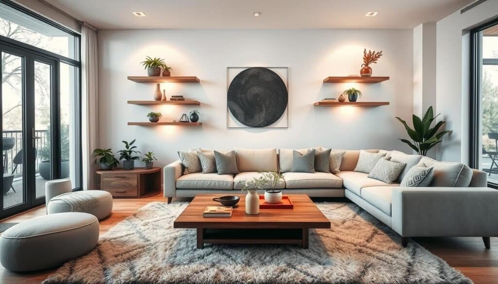 A cozy, modern living room with a focal point wall accent. The room features a large, plush sofa in neutral tones, accented by textured throw pillows. A sleek, wooden coffee table sits atop a lush area rug. Floating wall shelves display decorative objects and plants, casting warm, directional lighting from above. Large windows allow natural light to pour in, illuminating the space. The overall atmosphere is one of refined simplicity, creating a serene and inviting ambiance.