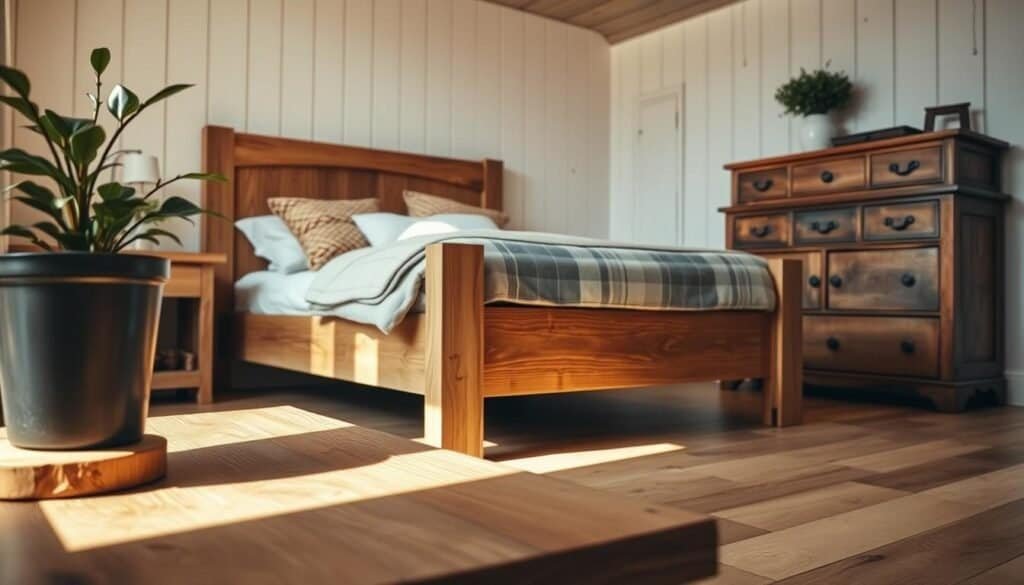 A cozy natural wood bedroom retreat, bathed in warm, diffused lighting. The focal point is a rustic, solid oak bed frame crafted by The Sawdust Man, its grained texture complemented by linen bedding and woven throw pillows. In the foreground, a handmade oak side table displays a potted plant, casting soft shadows. The middle ground features an antique oak dresser, its drawers adorned with intricate woodcarving. The background showcases wide-plank hardwood floors and white-washed wood paneled walls, creating a serene, earthy atmosphere. Lens: 50mm. Angle: slightly elevated, capturing the full depth of the space.