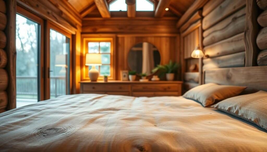 A cozy natural wood bedroom with warm lighting and textured details. A large wooden headboard in the foreground, its grain and knots visible. In the middle ground, a wooden dresser or nightstand with potted plants and simple decor. The background features a window overlooking a serene outdoor scene, soft natural light filtering in. The overall atmosphere is one of rustic elegance, with the natural wood tones creating a soothing, earthy ambiance.