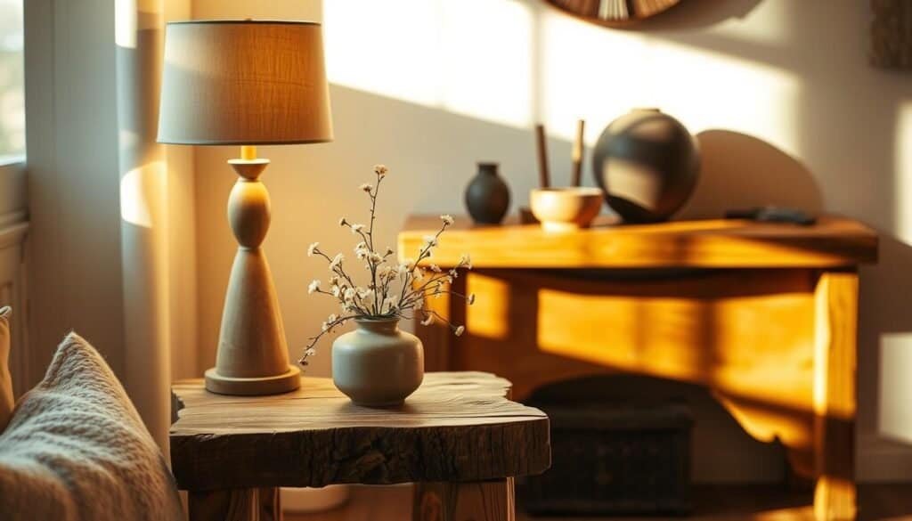 A cozy nook adorned with a rustic wooden side table, its surface adorned with a delicate floral arrangement in a simple ceramic vase. The warm, gentle glow of a tabletop lamp casts a soft light, creating an inviting atmosphere. In the background, a natural wood console table displays artfully arranged decorative accents, reflecting the tranquil, earthy aesthetic. Sunlight filters through a nearby window, casting elegant shadows that accentuate the organic textures of the wood. The overall scene evokes a sense of comfort and harmony, welcoming the viewer into a space that celebrates the natural beauty of handcrafted wooden home elements.