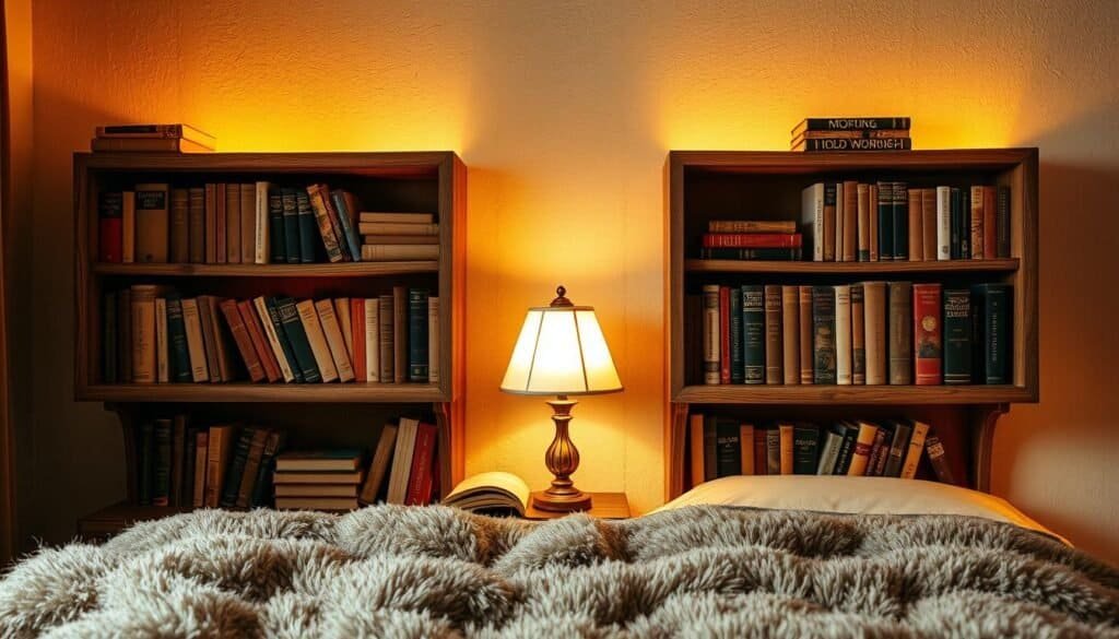 A cozy nook with bedside bookshelves illuminated by warm, golden lighting. Aged wooden shelves, filled with well-worn volumes, create an inviting and lived-in ambiance. Soft, diffused light from a vintage table lamp casts a gentle glow, accentuating the texture of the books' spines. The shelves are set against a neutral, textured wall, allowing the books and their surroundings to take center stage. A plush, earth-toned rug anchors the scene, adding to the sense of comfort and homeliness. The overall composition evokes a cozy, personal space where one can lose themselves in the pages of a favorite book.