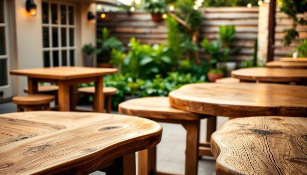 A cozy outdoor patio with a set of rustic, handcrafted wooden tables in the foreground. The tables have a natural, weathered finish and are adorned with simple, elegant details like rounded edges and subtle carved accents. The middle ground features lush greenery, such as potted plants or a small garden, creating a serene and inviting atmosphere. In the background, a warm, golden-hour lighting casts a soft, ambient glow, highlighting the natural beauty of the wooden surfaces. The entire scene conveys a sense of relaxation and sophisticated simplicity, perfect for entertaining guests in an intimate, alfresco setting.