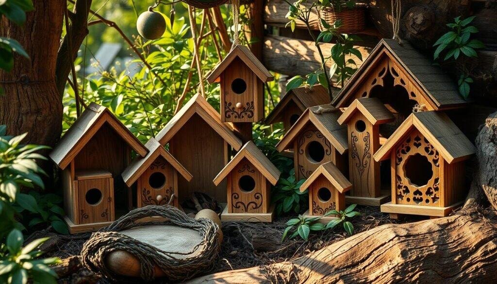 A cozy outdoor scene featuring a collection of handcrafted wooden bird houses, nestled among lush greenery and natural textures. The birdhouses are intricately detailed, with unique patterns and designs carved into the wood, creating a visually striking and inviting display. The lighting is warm and diffused, casting a soft glow over the scene, lending an air of tranquility. The camera angle is slightly elevated, allowing the viewer to appreciate the composition and the careful arrangement of the bird havens. The overall mood is one of rustic charm and harmony, where nature and human craftsmanship come together to create a welcoming haven for our feathered friends.