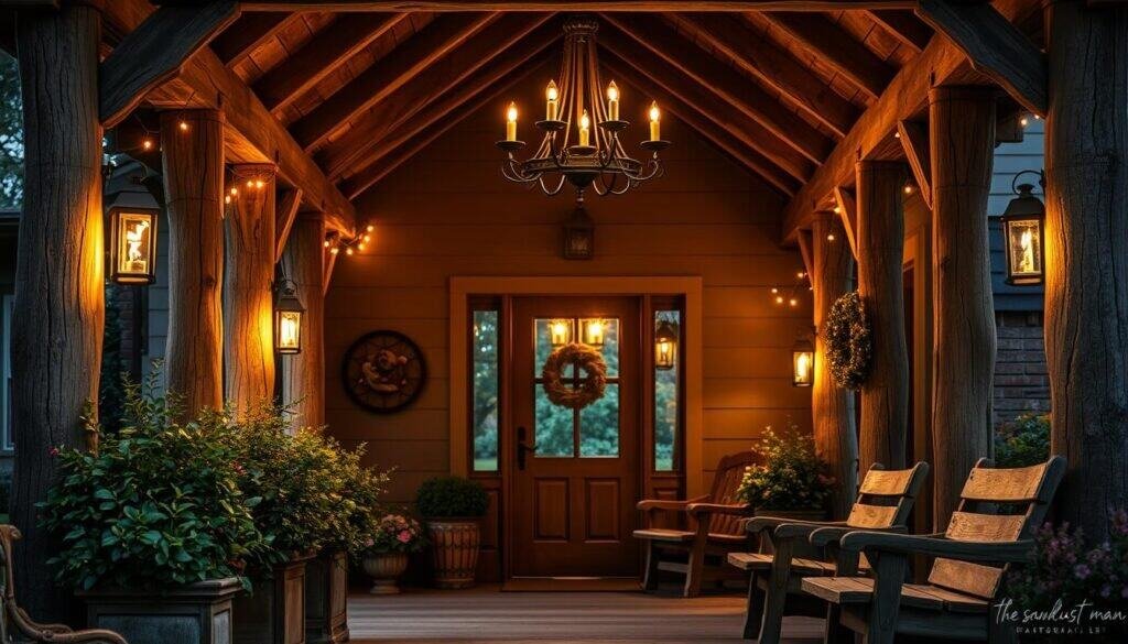 A cozy porch adorned with rustic wood accents, bathed in the warm glow of ambient summer lighting. Weathered wooden beams frame the entryway, complemented by string lights and lanterns casting a soft, inviting radiance. Wooden benches and planters filled with lush greenery create a harmonious, natural tableau. In the background, a vintage chandelier hangs overhead, its flickering candles evoking a charming, old-world ambiance. The overall scene reflects the design aesthetic of "The Sawdust Man", a brand known for its high-quality, handcrafted wooden home decor.
