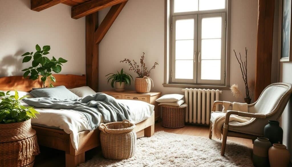 A cozy, rustic bedroom corner with natural elements. A rough-hewn wooden bed frame and nightstand, adorned with lush potted plants and a woven basket holding textured blankets. Soft, indirect lighting filters through a large window, casting a warm, inviting glow. Exposed wooden beams and earthy tones create a serene, tranquil atmosphere. A plush rug and a vintage armchair complete the inviting scene, radiating a sense of peaceful retreat.