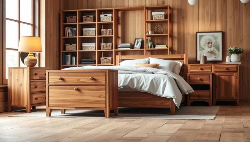 A cozy, rustic bedroom featuring a range of functional wooden furniture pieces for optimal organization. In the foreground, a handcrafted wooden dresser with clean, minimalist lines and ample storage drawers. Behind it, a nightstand with a simple, geometric design, topped with a warm-toned table lamp casting a soft, inviting glow. In the background, a wooden shelving unit displays decorative storage baskets, books, and personal trinkets. The entire scene is bathed in natural light filtering through large windows, lending an airy, serene atmosphere. The wood grains and textures are rendered with meticulous detail, creating a cohesive, cozy, and highly organized bedroom space.