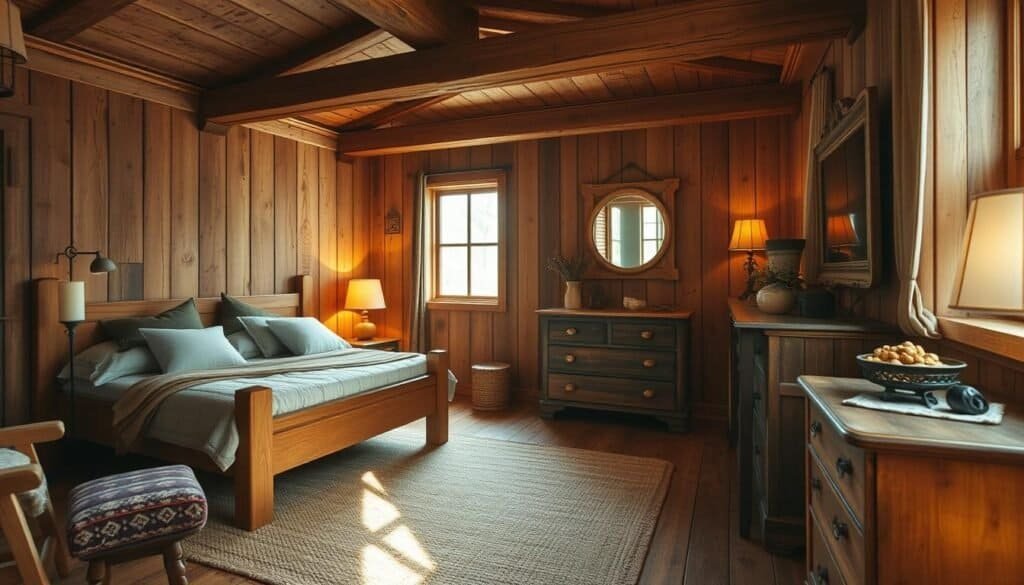 A cozy, rustic bedroom interior with warm, natural lighting. Weathered wooden beams and paneled walls create a charming, inviting atmosphere. Handcrafted furniture, such as a solid oak bed frame and a vintage dresser, complement the rustic aesthetic. Soft, earthy textiles like a woven area rug and plush bedding add texture and comfort. Decorative elements like a wrought-iron candle holder and a reclaimed wood mirror reflect the room's rustic charm. The scene is bathed in a soft, golden glow, highlighting the natural beauty of the wood and creating a serene, cozy ambiance.