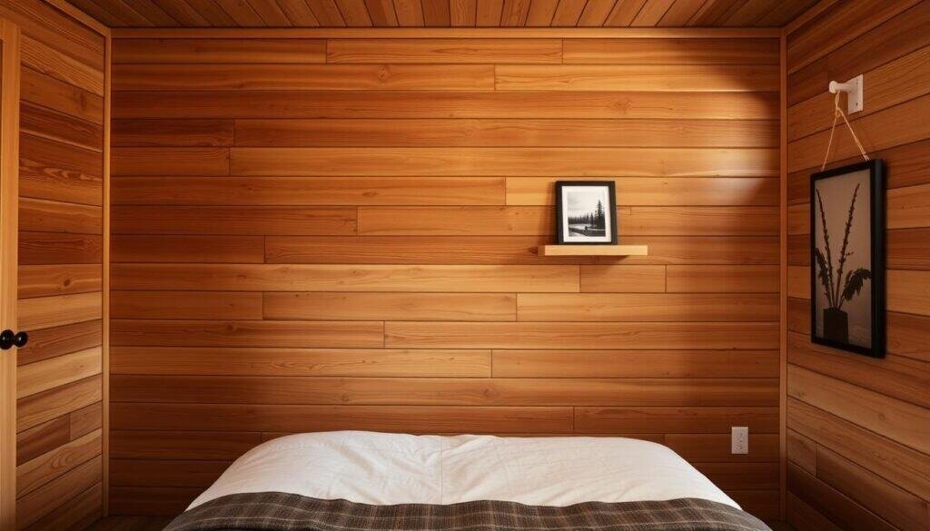 A cozy, rustic bedroom wall with warm wood paneling in a natural, weathered finish. The paneling extends from the floor up to the ceiling, creating a seamless, enveloping ambiance. Soft, ambient lighting casts a gentle glow, highlighting the wood's subtle textures and knots. A few carefully curated wall-mounted decor pieces, such as a simple floating shelf or a framed nature print, add a touch of personal style without distracting from the main focus - the beautiful, natural wood. The overall impression is one of coziness, comfort, and a connection to the outdoors, perfect for a tranquil, relaxing retreat. A cozy, rustic bedroom wall with warm wood paneling in a natural, weathered finish. The paneling extends from the floor up to the ceiling, creating a seamless, enveloping ambiance. Soft, ambient lighting casts a gentle glow, highlighting the wood's subtle textures and knots. A few carefully curated wall-mounted decor pieces, such as a simple floating shelf or a framed nature print, add a touch of personal style without distracting from the main focus - the beautiful, natural wood. The overall impression is one of coziness, comfort, and a connection to the outdoors, perfect for a tranquil, relaxing retreat.