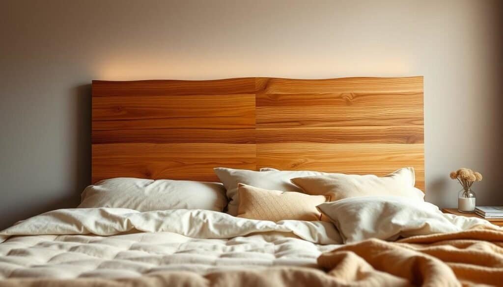 A cozy, rustic bedroom with a warm, wooden headboard as the focal point. The headboard is made of smooth, natural-grained wood, its texture and grain patterns adding depth and character to the space. Soft, ambient lighting casts a gentle glow, creating a serene and inviting atmosphere. The headboard is positioned against a neutral, muted wall, allowing it to stand out and become the centerpiece of the room. Plush bedding and textiles in complementary tones of beige, cream, and earthy hues add to the overall sense of comfort and coziness. The scene captures the essence of a cozy, DIY-inspired bedroom that exudes warmth and charm. A cozy, rustic bedroom with a warm, wooden headboard as the focal point. The headboard is made of smooth, natural-grained wood, its texture and grain patterns adding depth and character to the space. Soft, ambient lighting casts a gentle glow, creating a serene and inviting atmosphere. The headboard is positioned against a neutral, muted wall, allowing it to stand out and become the centerpiece of the room. Plush bedding and textiles in complementary tones of beige, cream, and earthy hues add to the overall sense of comfort and coziness. The scene captures the essence of a cozy, DIY-inspired bedroom that exudes warmth and charm.