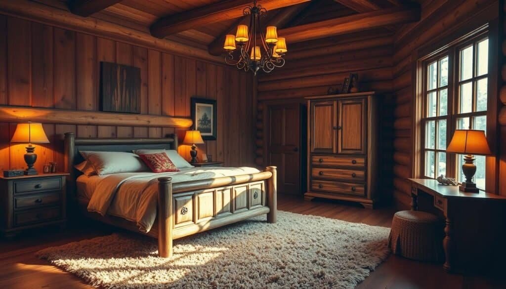 A cozy, rustic bedroom with warm, natural textures and tones. The room features a wooden bed frame with a plush, neutral-colored bedding set. Soft, amber-colored lighting from a wrought-iron chandelier illuminates the space, creating a cozy and inviting ambiance. The walls are adorned with wood paneling, giving the room a charming, cabin-like feel. In the corner, a large, wooden dresser stands tall, its surface adorned with a few decorative items. The floor is covered in a plush, earth-toned area rug, adding to the overall warmth and coziness of the space. Sunlight filters in through a large, mullioned window, casting a natural glow throughout the room.