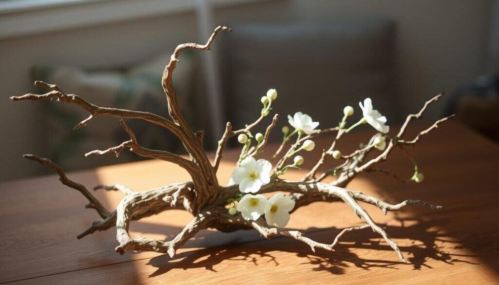 A cozy, rustic branch home décor piece sits on a wooden table, illuminated by soft, natural lighting. Intricate textures of bark and twisted branches create an organic, earthy feel. The arrangement incorporates delicate floral accents, bringing a touch of nature indoors. A muted color palette of greens, browns, and whites evokes a sense of tranquility and harmony. The composition is balanced, with the branch décor as the focal point, surrounded by minimal yet thoughtful styling. The image conveys a sense of simple sophistication, inviting the viewer to appreciate the beauty of natural elements as accent pieces.