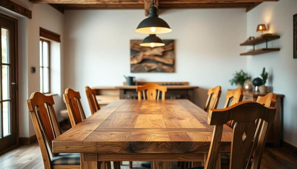 A cozy, rustic dining room with a handcrafted wooden table and chairs. The sturdy, artisanal table features a warm, natural finish, complemented by matching chairs with intricate backrest details. Soft, diffused lighting from overhead fixtures casts a welcoming glow, creating an inviting atmosphere for shared meals. The room's neutral palette allows the beautiful wood textures to take center stage, exuding a sense of comfortable, homey charm. The composition showcases the table and chairs in the foreground, with a minimal, uncluttered background to keep the focus on the wooden furnishings.