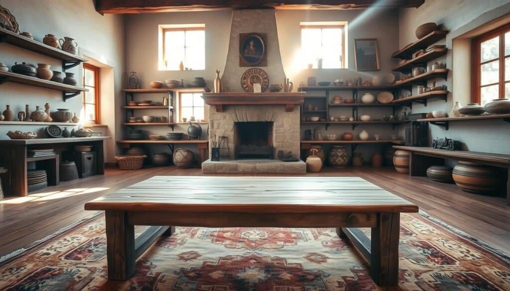 A cozy rustic interior with warm, natural tones and textures. In the foreground, a handcrafted wooden table with a weathered finish sits atop a worn, distressed area rug. Across the room, a large stone fireplace dominates the middle ground, casting a soft, ambient glow. Shelves along the walls display an assortment of vintage décor and pottery. Sunlight streams in through large windows, creating a serene, inviting atmosphere. The overall scene evokes a sense of timeless, old-world charm blended with modern simplicity. Photographed with a wide-angle lens to capture the room's cozy, enveloping feel.