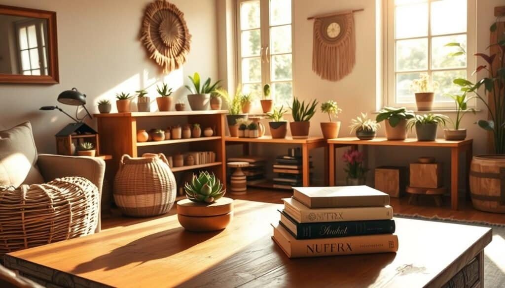 A cozy, rustic living room filled with budget-friendly wooden decor. Warm sunlight streams through large windows, casting a soft glow on a wooden coffee table adorned with simple, natural accents like a succulent plant and a stack of books. In the background, a wooden bookshelf displays an array of potted plants and handcrafted wooden trinkets. The walls feature a wooden framed mirror and a wooden wall hanging, adding texture and warmth to the space. The overall atmosphere is inviting and relaxed, showcasing the beauty of simple, affordable wooden elements that create a gentle, homey ambiance.