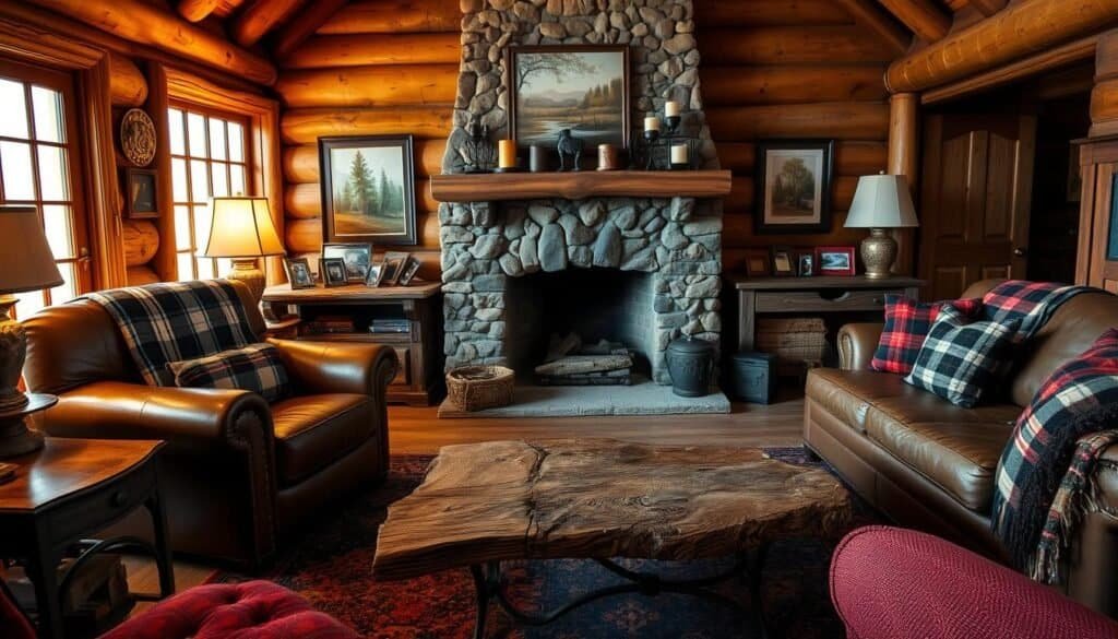 A cozy rustic living room filled with warm, weathered wood furniture. In the foreground, a large leather armchair and a deep-cushioned sofa, both adorned with plaid throws and pillows. In the middle ground, an antique coffee table with a roughly hewn top and iron base, surrounded by a pair of matching side tables. The background showcases a stone fireplace with a mantle displaying vintage-style candles and framed nature prints. Soft, ambient lighting casts a golden glow throughout the space, creating an inviting, cabin-like atmosphere.