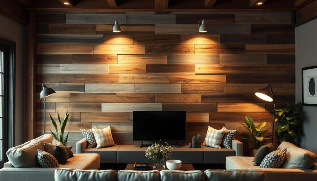 A cozy, rustic living room with a focal point wall adorned with an artful arrangement of reclaimed wood panels in varying shades and textures. The lighting is warm and ambient, casting a soft glow across the space. The wooden panels are mounted in an asymmetric, visually interesting pattern that draws the eye, complemented by minimal, complementary decor elements like potted plants and minimal artwork. The overall atmosphere is one of natural, earthy elegance, inviting the viewer to imagine the perfect finishing touch to their own home's transformation.