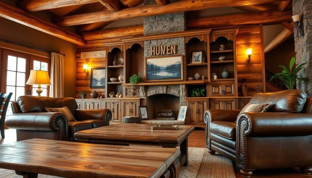 A cozy rustic living room with warm, weathered wood furniture pieces that command attention. In the foreground, a sturdy wooden coffee table with a natural, distressed finish. Beside it, a pair of plush leather armchairs with intricate stitching, inviting visitors to sink in and relax. The middle ground features a large, ornate wooden entertainment unit, its shelves displaying decorative pottery and framed nature photographs. Warm, soft lighting from wall sconces casts a golden glow, complementing the rich, earthy tones of the room. The background reveals wooden beams and a stone fireplace, lending an authentic, cabin-like ambiance. Hints of greenery from potted plants add pops of freshness to the rustic, cozy scene.