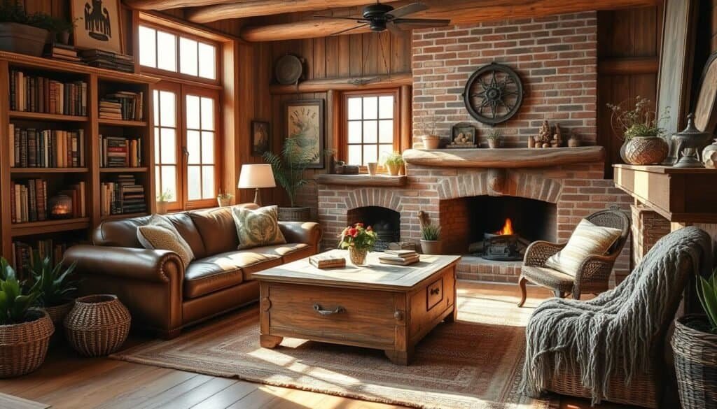 A cozy rustic living room with warm wooden accents and natural textures. Sunlight filters through large windows, casting a soft glow over a plush leather sofa and a worn, distressed coffee table. Bookshelves line the walls, filled with weathered tomes and personal trinkets. A brick fireplace anchors the space, its crackling flames casting dancing shadows. Woven area rugs and knitted throw blankets add layers of comfort, while potted plants and nature-inspired decor bring the outdoors in. The overall atmosphere is one of tranquility and old-world charm.