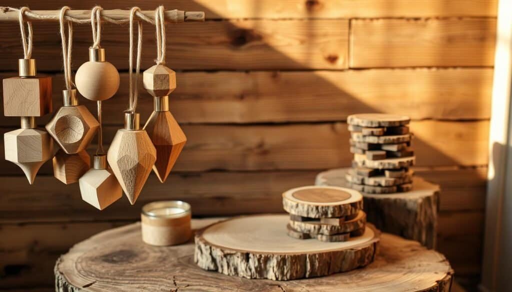 A cozy, rustic scene of seasonal wood decorations crafted by "The Sawdust Man". In the foreground, a collection of hand-carved ornaments in various geometric shapes and natural textures hang from a wooden dowel. In the middle ground, a wooden tealight holder and a stack of carved wooden coasters sit atop a rough-hewn wooden table. The background features a wall of reclaimed wood panels, casting warm, directional lighting across the scene. The overall atmosphere evokes a sense of handmade charm and natural elegance, perfect for holiday and year-round display.