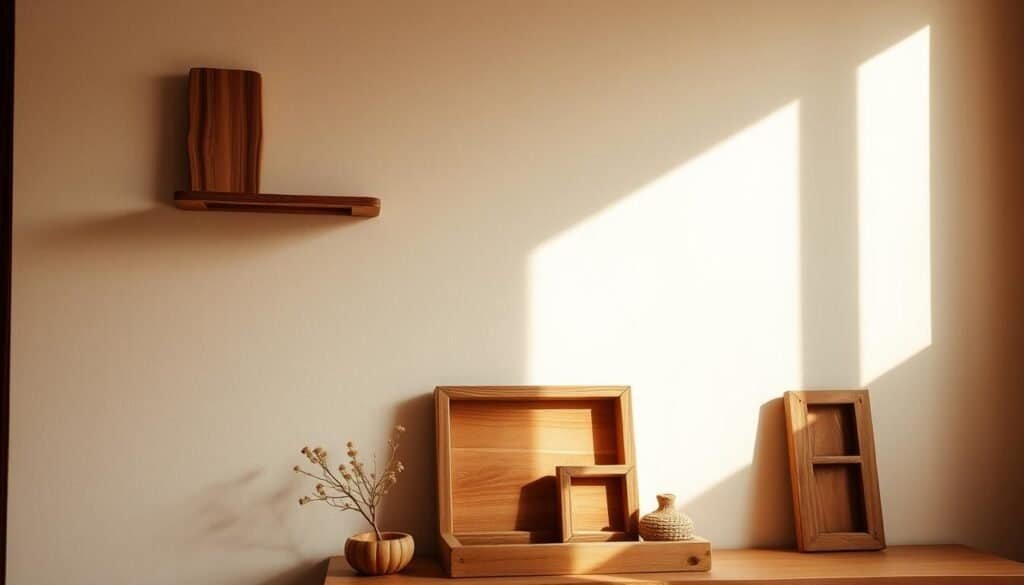 A cozy, rustic vignette with small, hand-crafted wooden accents gently adorning a bare wall. Warm, diffused natural lighting filters in, casting soft shadows that accentuate the natural grain and texture of the wood. A few carefully curated pieces, such as a decorative wall-mounted shelf, a small wooden tray, and a simple wooden frame, create an inviting, homely atmosphere. The wooden elements have a slightly weathered, artisanal quality, blending seamlessly with the neutral wall backdrop. The overall composition exudes a sense of simplicity, warmth, and understated elegance.