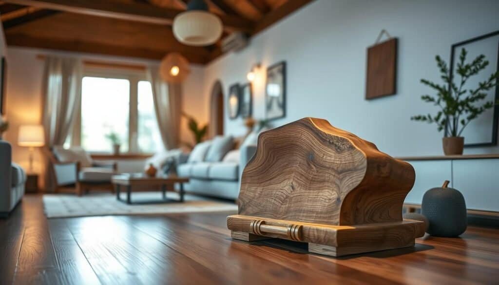 A cozy, rustic wooden DIY accent piece for a relaxed, inviting space. Carefully crafted from natural wood grains, with intricate hand-carved details and a warm, muted color palette. Soft, diffused lighting illuminates the piece, creating a welcoming and serene ambiance. The accent is positioned prominently in the foreground, drawing the eye while harmonizing seamlessly with the mid-ground furnishings and background décor. An elegant, minimalist design that effortlessly blends functionality and style, perfectly complementing a modern, nature-inspired home interior.