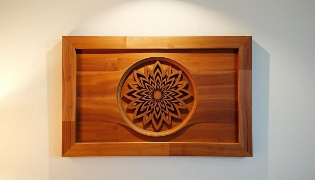 A cozy, rustic wooden wall art piece, featuring an intricate, handcrafted design with natural textures and warm tones. The centerpiece is a captivating abstract pattern, carved into the wood's surface, casting subtle shadows that add depth and dimension. Surrounding it, a simple, yet elegant frame made of reclaimed wood, with a weathered, distressed finish that complements the artwork's organic feel. Soft, diffused lighting from above illuminates the piece, creating a serene, calming atmosphere, perfect for a bedroom or living space. The overall composition evokes a sense of tranquility and relaxation, inviting the viewer to pause and appreciate the beauty of natural, handmade décor.