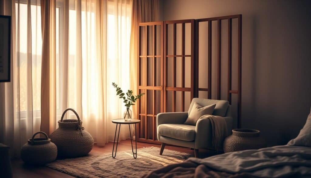 A cozy, serene bedroom corner with a minimalist wooden room divider creating a sense of privacy and zen-like tranquility. Soft, diffused natural lighting filters through sheer curtains, casting a warm, golden glow. A plush, neutral-toned armchair invites relaxation, complemented by a small side table holding a potted plant and a delicate glass vase. The divider's clean lines and earthy tones harmonize with the overall muted color palette, evoking a calming, restorative atmosphere. Textures like woven baskets, a fuzzy rug, and a cozy throw blanket add depth and tactile appeal. This serene nook offers a peaceful retreat within the bedroom, a sanctuary for rest and rejuvenation.