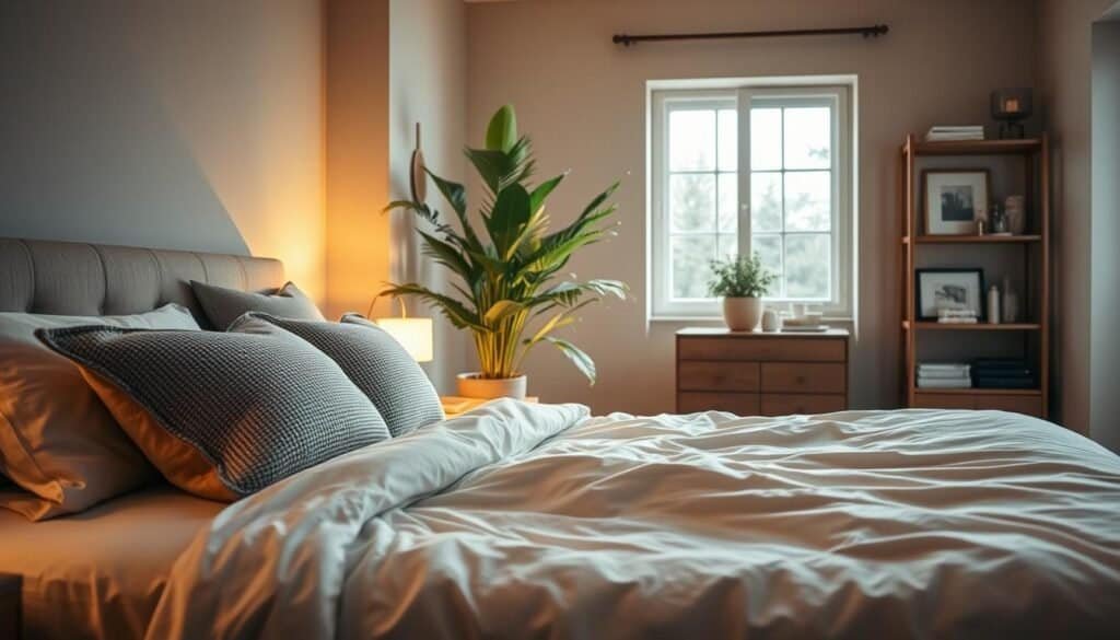 A cozy, serene bedroom with warm lighting and soft textures. In the foreground, a large, plush bed with crisp white linens and a mix of textured throw pillows in muted tones. Beside the bed, a natural wood nightstand with a simple, minimalist lamp casts a gentle glow. In the middle ground, a floor-to-ceiling window allows natural light to filter in, illuminating a lush, green potted plant in the corner. The background features neutral-toned walls, accented by a wooden shelving unit displaying artfully arranged decorative objects, candles, and framed artwork. An overall cozy, inviting atmosphere with a focus on natural materials, soft palettes, and a sense of relaxation. A cozy, serene bedroom with warm lighting and soft textures. In the foreground, a large, plush bed with crisp white linens and a mix of textured throw pillows in muted tones. Beside the bed, a natural wood nightstand with a simple, minimalist lamp casts a gentle glow. In the middle ground, a floor-to-ceiling window allows natural light to filter in, illuminating a lush, green potted plant in the corner. The background features neutral-toned walls, accented by a wooden shelving unit displaying artfully arranged decorative objects, candles, and framed artwork. An overall cozy, inviting atmosphere with a focus on natural materials, soft palettes, and a sense of relaxation.