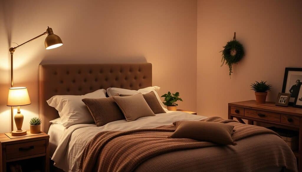 A cozy, softly lit bedroom with a warm, inviting atmosphere. Gentle, ambient lighting from a brass floor lamp and a pair of bedside lamps, casting a golden glow across the space. A plush, tufted headboard and a cozy quilt on the bed, complemented by plush pillows and throws. Rustic wood accents, like a reclaimed wood dresser and nightstands, add natural texture. Potted plants and a few framed photographs on the surfaces create a lived-in, personalized feel. The lighting is indirect, with low-level illumination to promote relaxation and comfort. The overall impression is one of a serene, nurturing haven - a space that invites you to unwind and recharge.