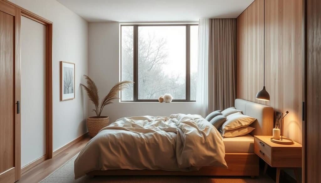 A cozy, softly lit bedroom with clean lines and natural textures. Warm-toned wooden furniture, plush bedding in muted neutrals, and a large window framing a tranquil outdoor scene. Gentle lighting from a table lamp and pendant fixture creates a serene ambiance. The space exudes a sense of calm and relaxation, inviting the viewer to rest and recharge. Minimal decor elements like a plant or artwork add subtle visual interest without disrupting the overall peaceful atmosphere. The low-key, harmonious color palette and refined styling evoke a quiet, restorative haven.