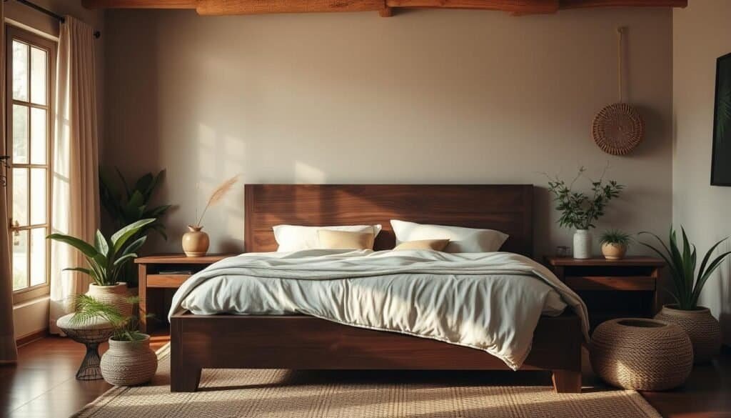 A cozy, softly lit bedroom with warm, inviting tones. The focus is on a large, dark wood bed frame, its grain and texture adding depth and character to the space. Surrounding the bed are natural elements like potted plants and woven accents, creating a serene and grounding atmosphere. Diffused lighting casts a gentle glow, highlighting the rich wood tones and creating a soothing, relaxing ambiance. The overall mood is one of calm, comfort, and tranquility - an inviting haven to recharge and reset. A cozy, softly lit bedroom with warm, inviting tones. The focus is on a large, dark wood bed frame, its grain and texture adding depth and character to the space. Surrounding the bed are natural elements like potted plants and woven accents, creating a serene and grounding atmosphere. Diffused lighting casts a gentle glow, highlighting the rich wood tones and creating a soothing, relaxing ambiance. The overall mood is one of calm, comfort, and tranquility - an inviting haven to recharge and reset.